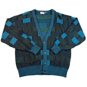 Vintage 90s Sostanza Men's L Geometric Cardigan Teal Black Grandpa Sweater